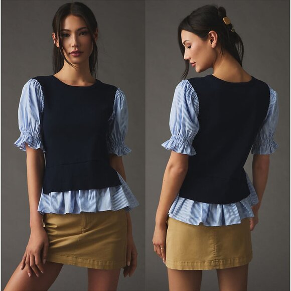 Anthropologie Sweaters - Anthropologie Layered Poplin-Sleeve Sweater Navy Stripe Size XL